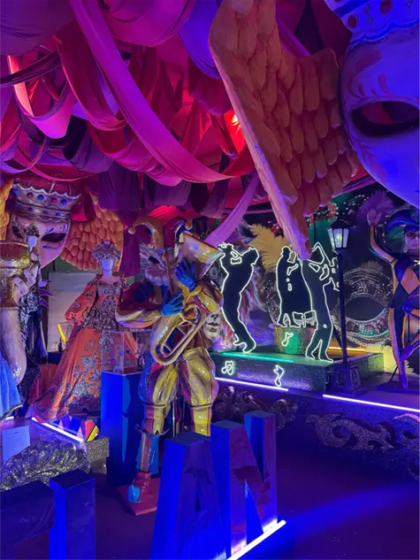 Carnival set with masks, musician figures and neon lights